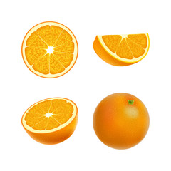Set of isolated colored orange, half, slice, circle and whole juicy fruit on white background. Realistic citrus collection.