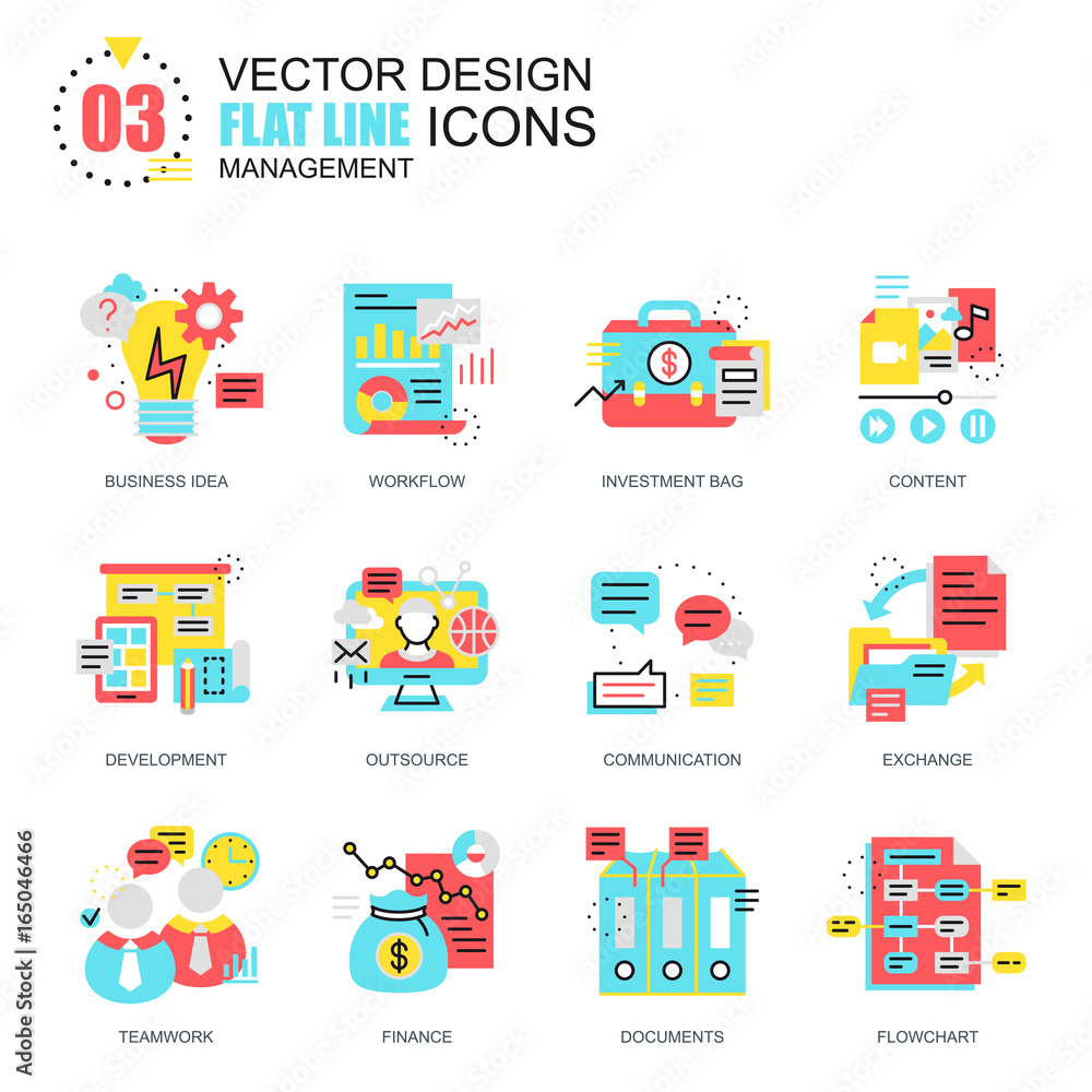 Poster flat line project management icons concepts set for website and mobile site and apps. business data 