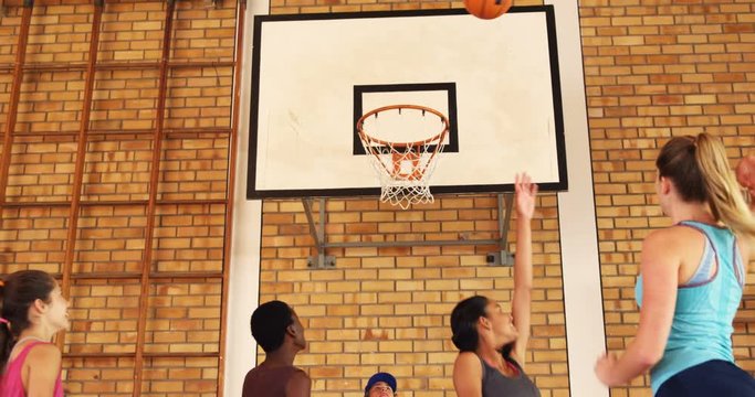 Coach helping high school team to score a goal while playing basketball