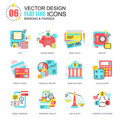 Flat line banking and finance icons concepts set for website and mobile site and apps. E-banking, money and credit cards. New style flat simple pictogram pack. Vector illustration.