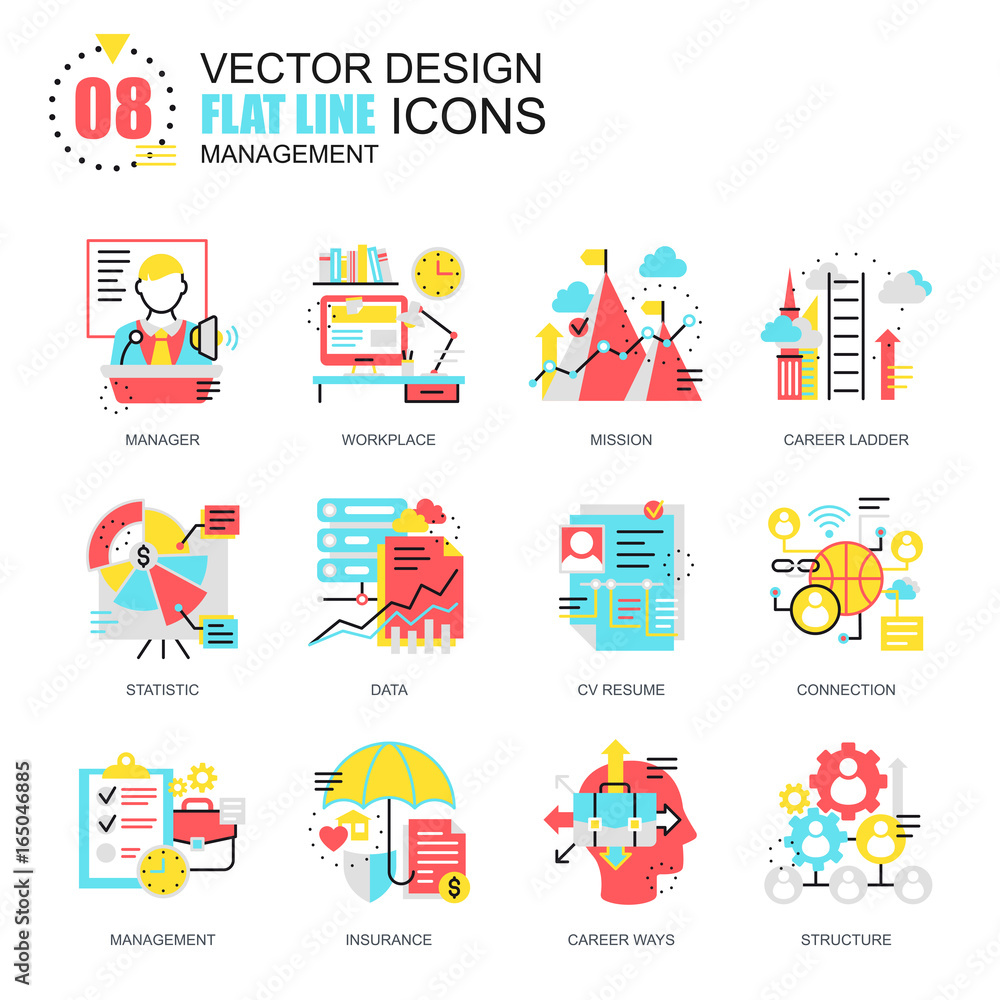 Poster flat line management icons concepts set for website and mobile site and apps. business company struc