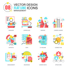 Flat line management icons concepts set for website and mobile site and apps. Business company structure, human resources. New style flat simple pictogram pack. Vector illustration.
