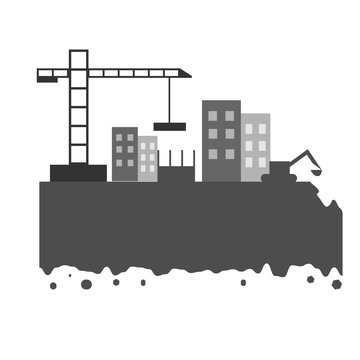 The city build by crane and excovator with high buildings and ground. Flat vector illustration