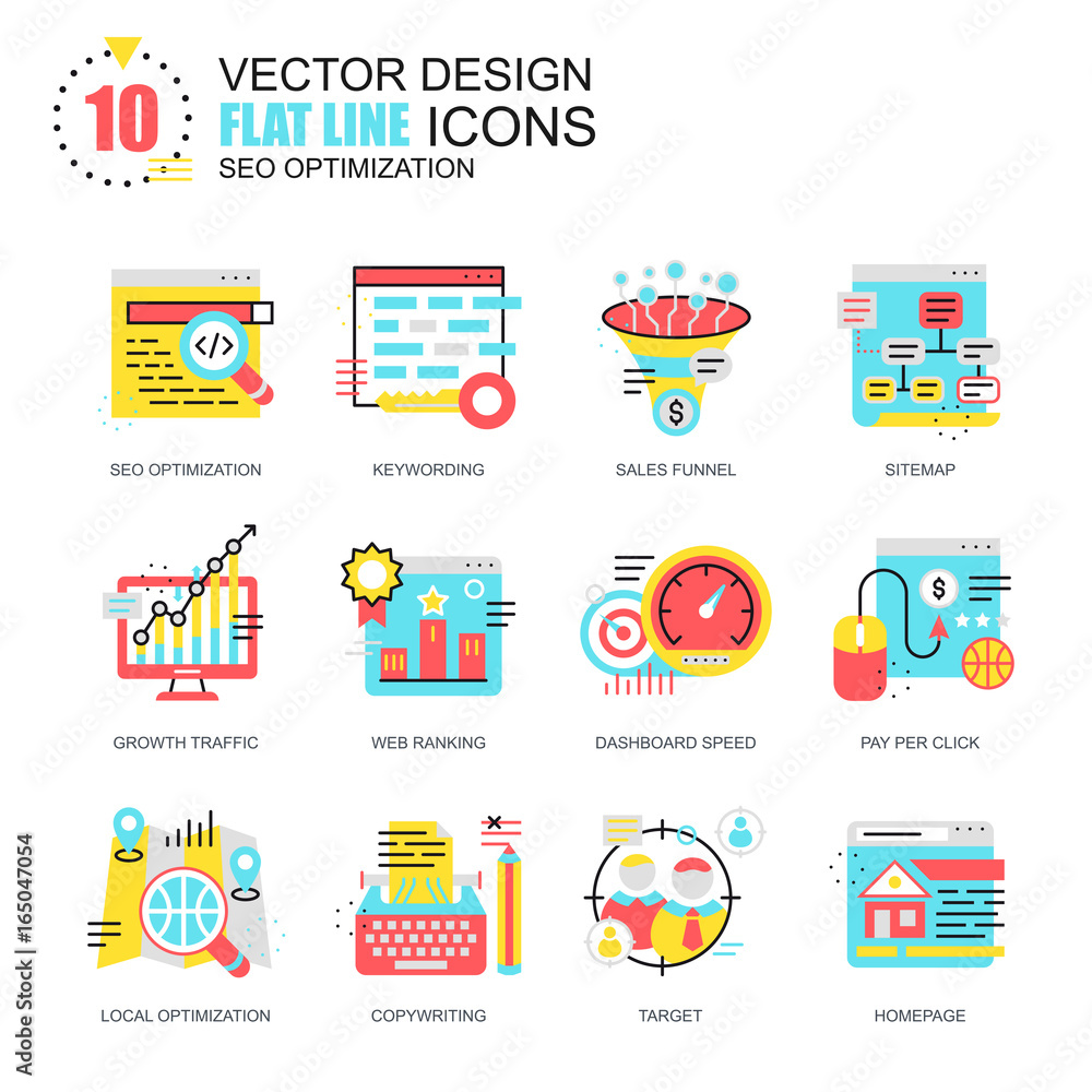 Aufkleber Flat line seo optimization icons concepts set for website and mobile site and apps. Search optimization, growth traffic and copywriting. New style flat simple pictogram pack. Vector illustration.
