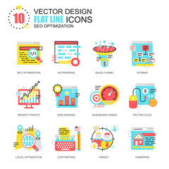Fototapeta premium Flat line seo optimization icons concepts set for website and mobile site and apps. Search optimization, growth traffic and copywriting. New style flat simple pictogram pack. Vector illustration.