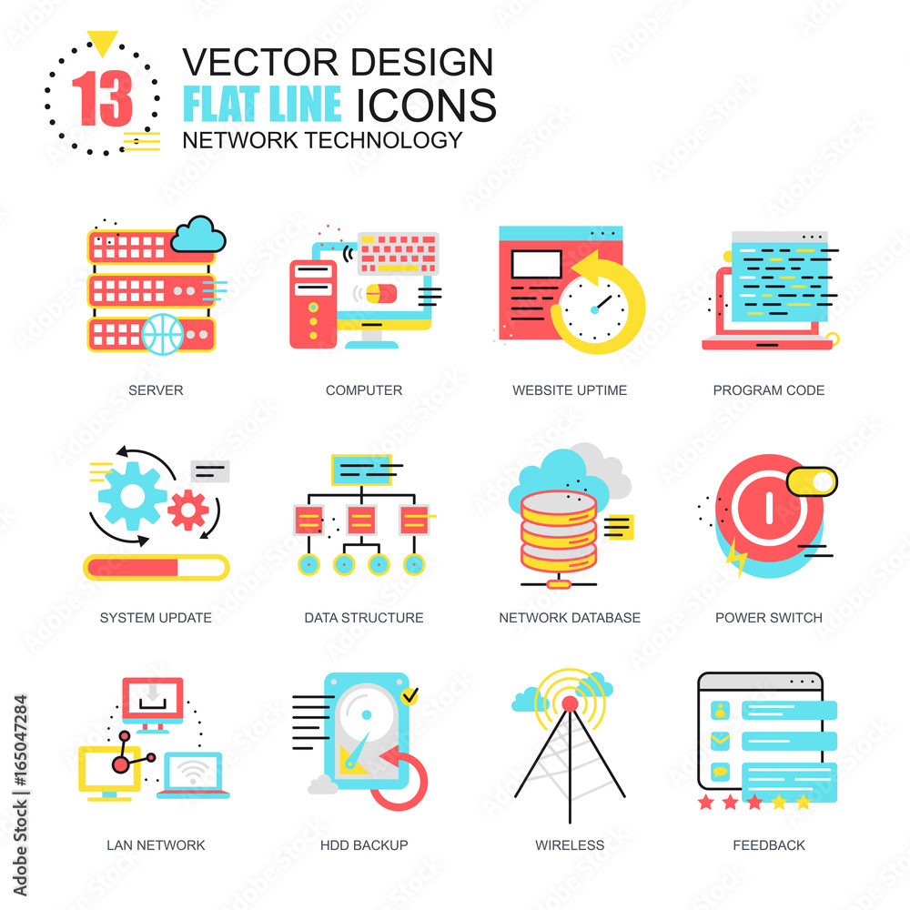 Poster flat line network technology icons concepts set for website and mobile site and apps. database serve