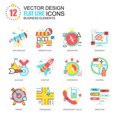 Flat line business elements icons concepts set for website and mobile site and apps. Symbols and new leadership metaphors. New style flat simple pictogram pack. Vector illustration.