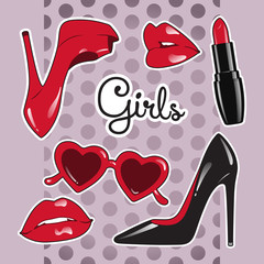 Stickers set for girls over cute purple polka dot background. High heeled shoes, heart shaped glasses, glossy lips, lipstick vector illustration