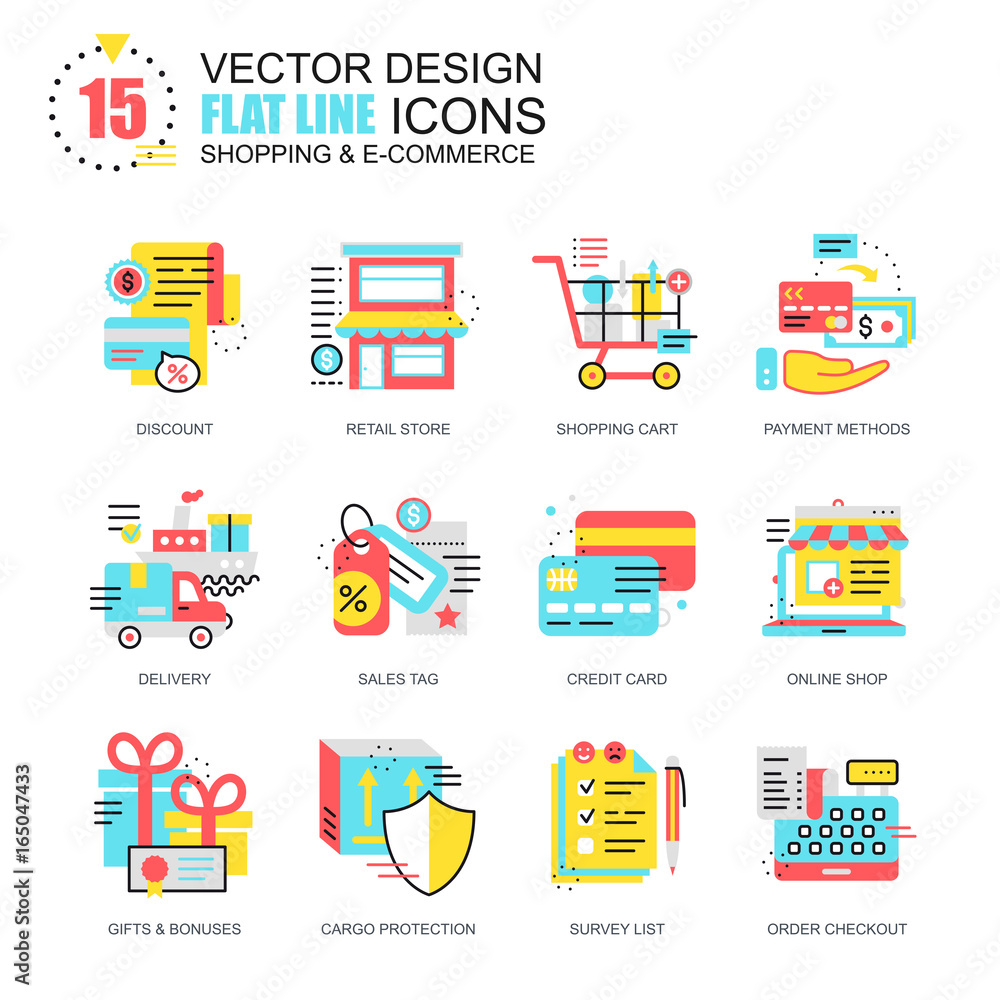 Poster Flat line shopping and e-commerce icons concepts set for website and mobile site and apps. Delivery goods, market gifts and bonuses. New style flat simple pictogram pack. Vector illustration.