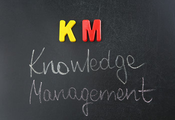 Phrase KNOWLEDGE MANAGEMENT written on blackboard. Management concept