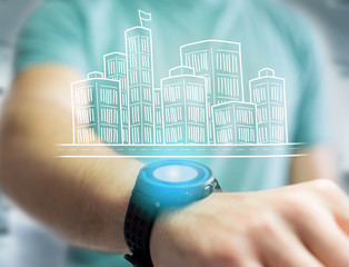 Hand drawn city center displayed on a futuristic interface - Travel concept