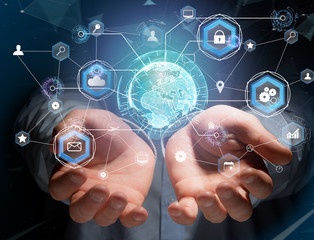 International business network connection displayed on a futuristic interface with technology icon...