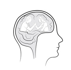 Wrestling in the head of a person. A trial of strength. Man and woman sit opposite each. Concept business vector illustration 