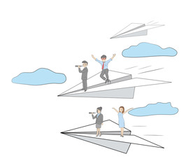 Sketch of flying paper plane with little workers. Doodle cute miniature about leadership and discovery. Hand drawn cartoon vector illustration for business and education design. 