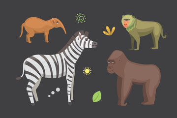 African animals cartoon vector set. zebra, hyena, gorila and outhers.