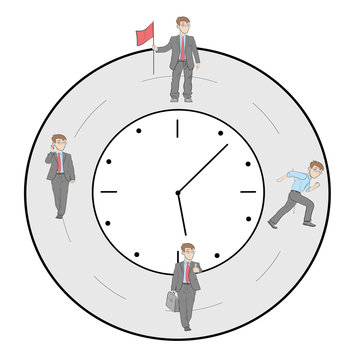 Businessman near the clock. The concept of working time. vector illustration.