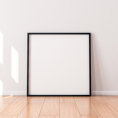 Square Poster with Black wooden Frame Mockup standing on the floor. 3d rendering