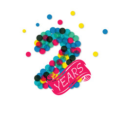 Konfetti, Number, Bunt, Papier, 2 years, Birthday