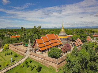 Side Aerial view of Wat Phra That Lampang Luang, a landmark of Lampang city, Thailand