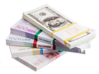 Money, currency, packs in a pile, on a white background