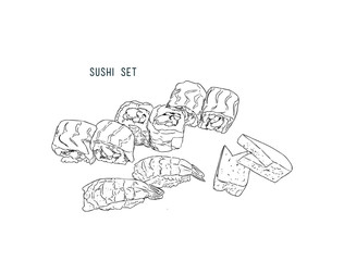 set of sushi , japanese food . hand drawn water color sketch vector.