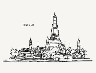 Thai culture concept with han draw sketch temple landscape , sketch line art water color vector.