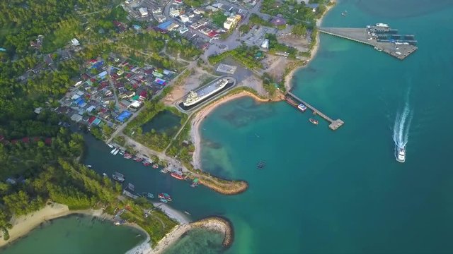 Aerial view from the drone on the island koh Phangan,Thong Sala pier,the most important tourist destination on the islandn