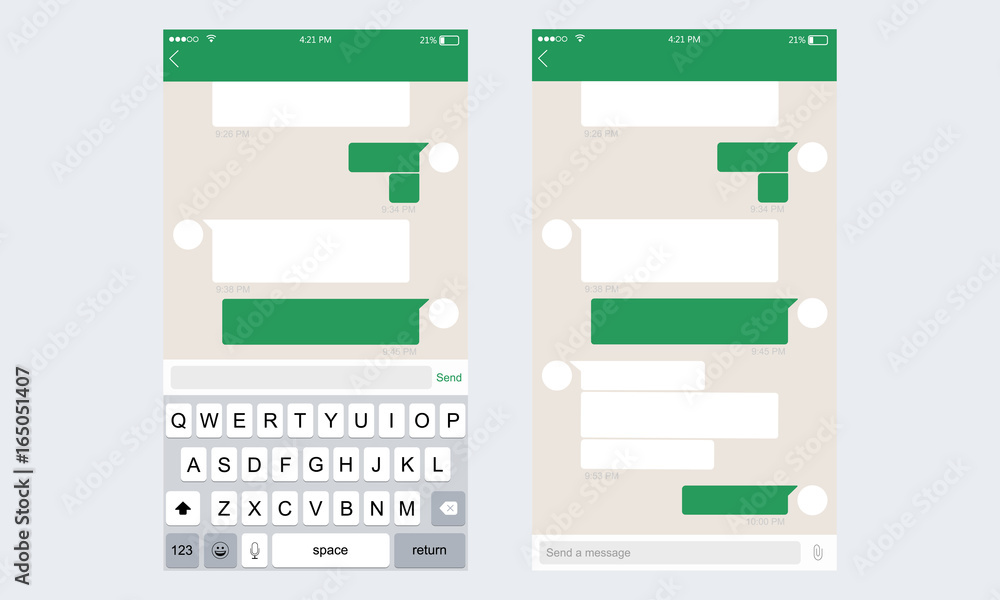 Poster mobile ui kit whatsapp messenger. chat app template whith mobile keyboard. vector illustration