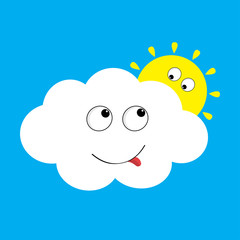 White cloud and yellow sun set looking to each other. Smiling face, tongue. Fluffy clouds. Cute cartoon cloudscape. Cloudy weather sign symbols. Flat design Blues sky background. Isolated.