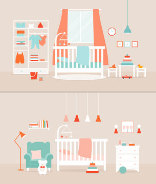 Vector set of baby rooms. Bedroom for girl and boy