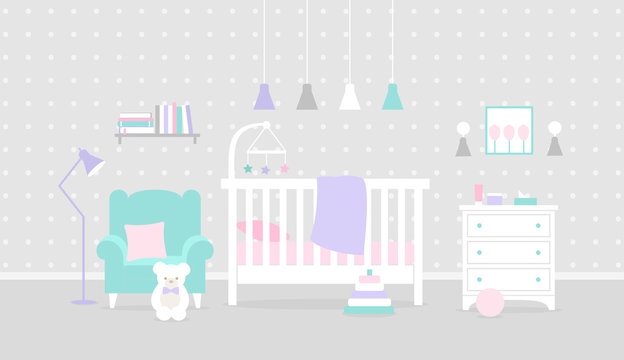 Vector nursery interior. Baby bedroom