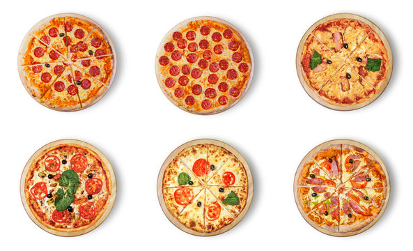 Six different pizza set for menu. Six different pizza set for menu. Meat pizzas with 1-2)Pepperoni 3)Pizza Hawaii 4)With seafood 5) Margarita  6) Pizza Pepperoni Peppers and Sausage
