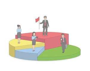 Businessman standing on top of each portion of a pie chart. Vector artwork diagram depicts profit sharing, successful partnerships, company shares ownership, and shareholders.
