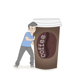 A little man is pushing a cup of coffee. Concept of coffee break. vector illustration.