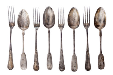 Vintage set of the Silver Spoons and Forks isolated on white.