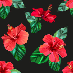 Red hibiscus tropical flowers seamless pattern