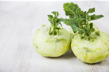 Kohlrabi on a wooden table.
