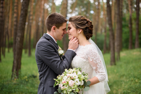 Sensual portrait of a young couple. Wedding photo outdoor