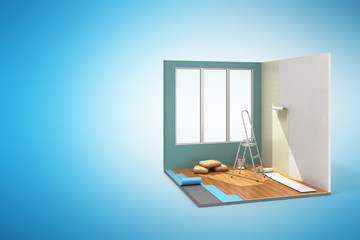 Concept of repair work isometric low poly home room renovation icon 3d render on blue