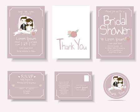 Set of Cartoon Couple Wedding Invitation Card.Rustic Concept.Vector/Illustration