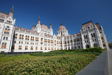 Fototapeta premium Daytime view of historical building of Hungarian Parliament, aka Orszaghaz, in Budapest, Hungary