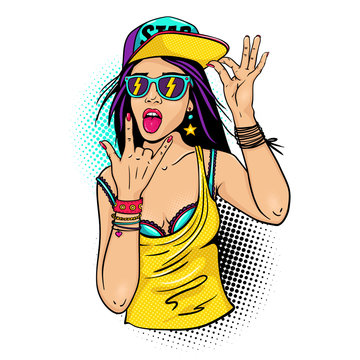 Sexy young girl in baseball cap, glasses with flash, one hand with rock n roll sign and open mouth with tongue. Vector object in retro comic pop art style with halftone isolated on white background.