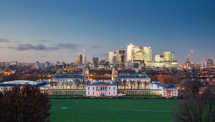 London, UK - JANUARY 7, 2016: Panoramic view from Greenwich on Canary Wharf financial district with...