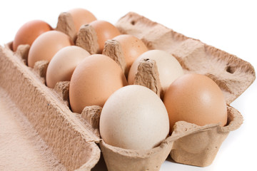 egg, chicken eggs in the package on a white background