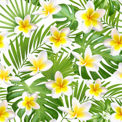 Fototapeta na wymiar Seamless exotic pattern with tropical leaves and flowers on a beige background background. Vector illustration.