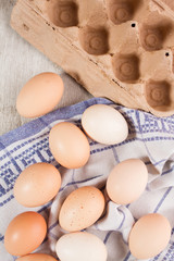 chicken eggs on dishtowels