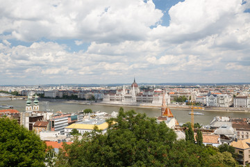 Fototapeta na wymiar view of Budapest city in the day, the Hungarian parliament building and otherr buildings along Danube river