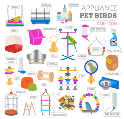 Pet appliance icon set flat style isolated on white. Birds care collection. Create own infographic about parrot, parakeet, canary, thrush, finch, jay bird, starling, amadina, siskin,  toucan, bunting