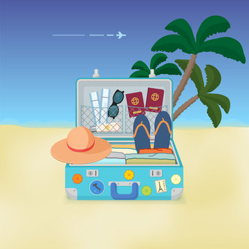 Summer suitcase filled with things for travel. Vector illustration.