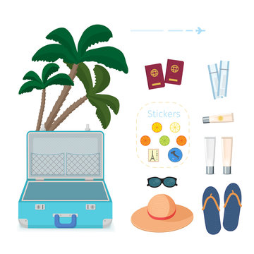Set of accessories for travel. Designer of the traveler. Vector illustration.